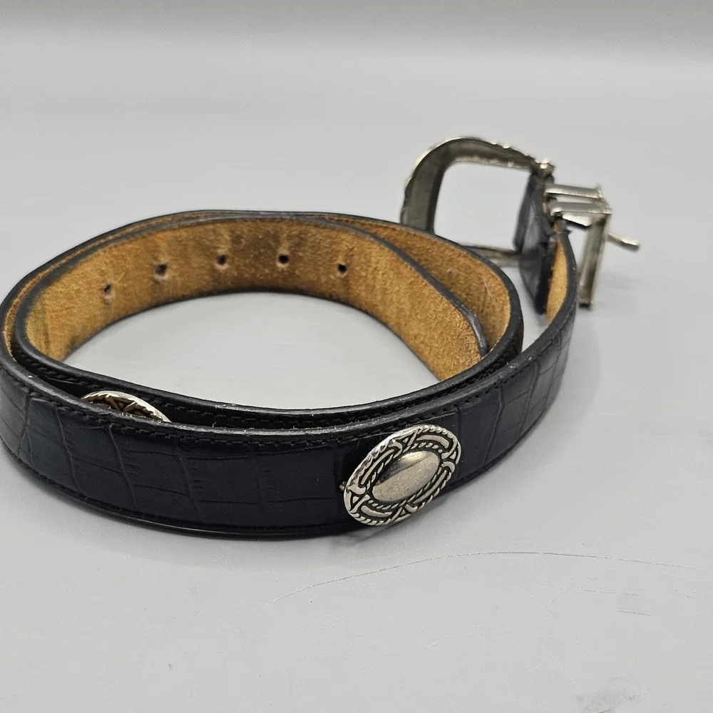 Vintage Black Leather Silver Decorative Medallions Belt Embellished Buckle 35
